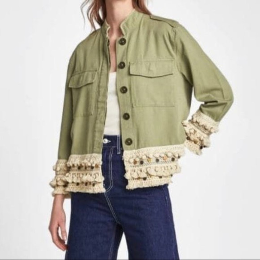{Zara Woman} Tassel Coin Fringe Trim Short Parka Utility Jacket in Green - Small - Picture 2 of 12